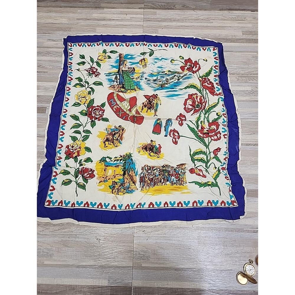 Vintage Souvenir Scarf Old Mexico Tiajuana Bull Fighter Matador, Few Stains, Art